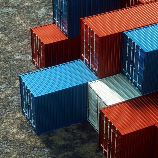 Multi-colored sea containers, industrial port with containers, cargo containers. Logistics concept, fast delivery. 3D rendering, 3D visualization, 3D illustration